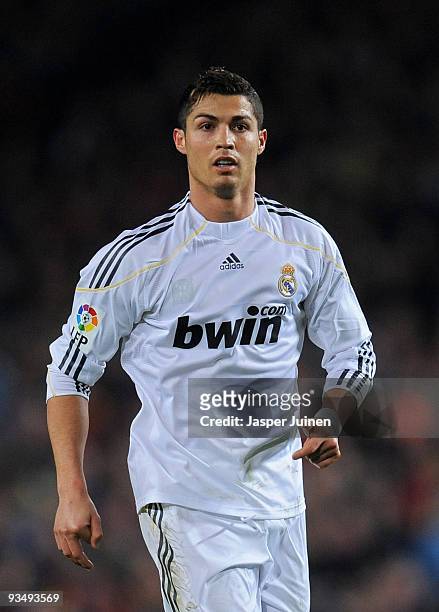 Cristiano Ronaldo of Real Madrid looks on during the La Liga match between Barcelona and Real Madrid at the Camp Nou Stadium on November 29, 2009 in...