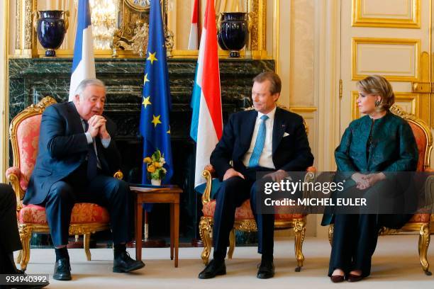 President of the French Senate, Gerard Larcher talks with Grand Duke Henri of Luxembourg and Grand Duchess of Luxembourg, Maria-Teresa during their...