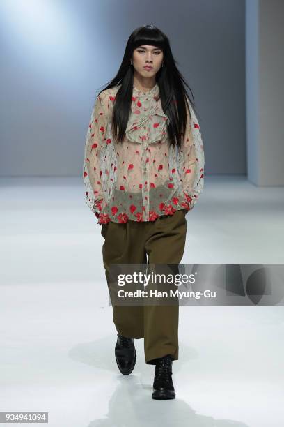 Model displays the creation by Caruso on the runway during the HERA Seoul Fashion Week F/W 2018 at DDP on March 20, 2018 in Seoul, South Korea.