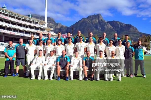 Players with Management and Support staff during the Australian national mens cricket team photo and training session at PPC Newlands Stadium on...