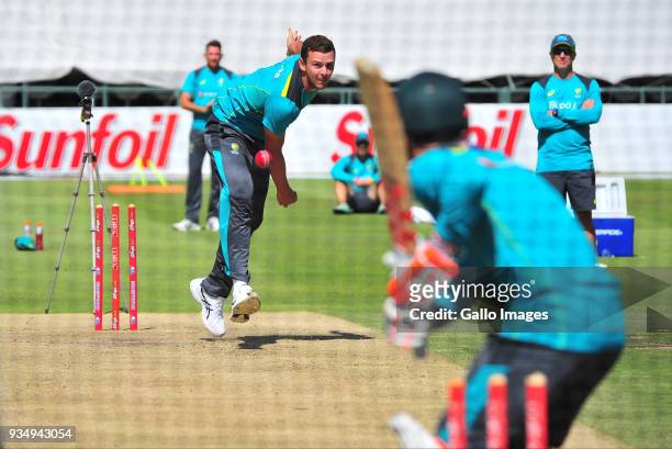 Josh Hazlewood during the Australian national mens cricket team training session at PPC Newlands Stadium on March 20, 2018 in Cape Town, South Africa.