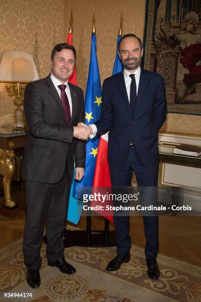 French Prime Minister Edouard Philippe and Luxembourg Prime Minister Xavier Bettel pose at the Hotel de Matignon prior to a France-Luxembourg...