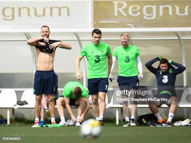 Belek , Turkey - 20 March 2018; Players, from left, David Meyler, Seamus Coleman, and Aaron McCarty during Republic of Ireland squad training at...