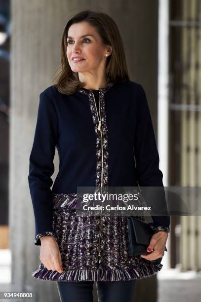 Queen Letizia of Spain arrives at Integra Foundation headquarters on March 20, 2018 in Madrid, Spain.