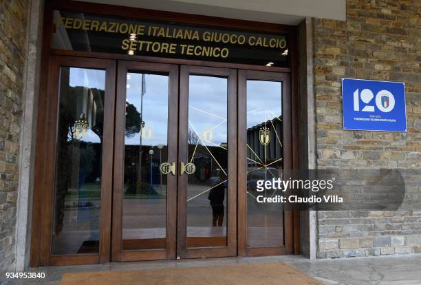General view of the Logo of the '120th Anniverary' of the Italian Football Federation at 'Centro Tecnico Federale' of Coverciano on March 20, 2018 in...
