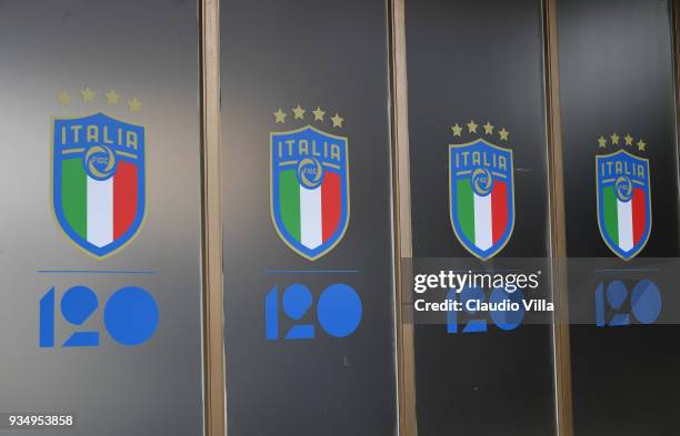 General view of the Logo of the '120th Anniverary' of the Italian Football Federation at 'Centro Tecnico Federale' of Coverciano on March 20, 2018 in...