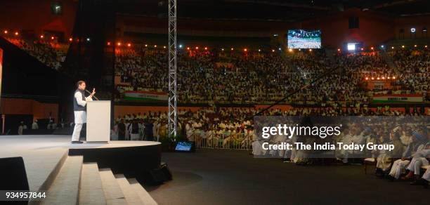 Congress President Rahul Gandhi speaks during the second day of the 84th Plenary Session of Indian National Congress at the Indira Gandhi Stadium in...