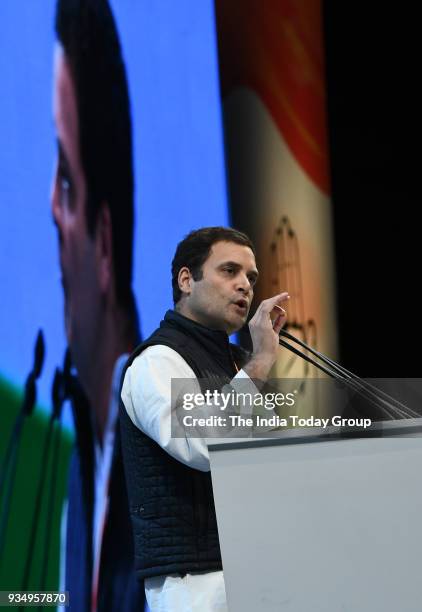 Congress President Rahul Gandhi speaks during the second day of the 84th Plenary Session of Indian National Congress at the Indira Gandhi Stadium in...