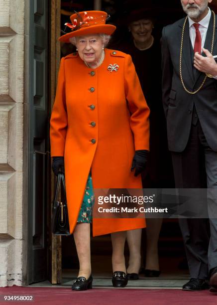 Queen Elizabeth II visits the Royal Academy of Arts to mark the completion of a major redevelopment of the site on March 20, 2018 in London, England.