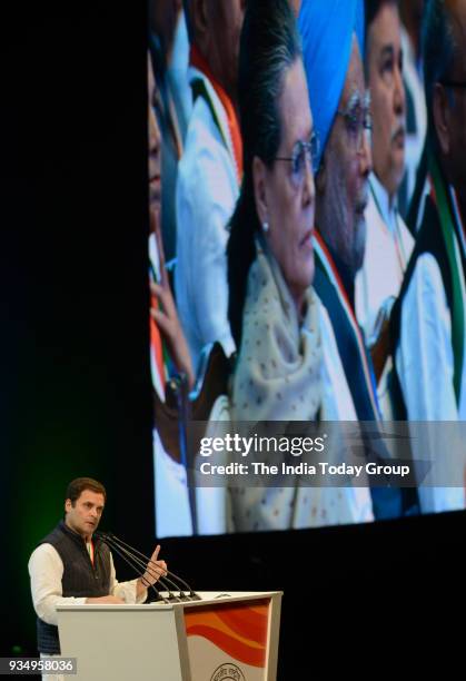 Congress President Rahul Gandhi speaks during the second day of the 84th Plenary Session of Indian National Congress at the Indira Gandhi Stadium in...