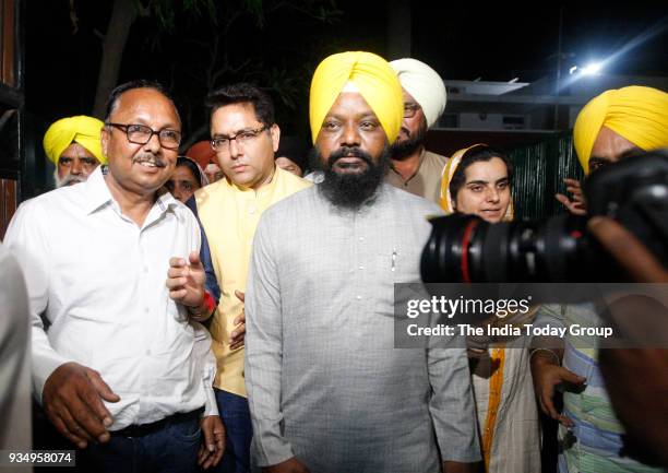 Punjab AAP MLAs coming after a meeting with Chief Minister Arvind Kejriwal and Deputy Chief Minister Manish Sisodia at Manish Sisodia House in New...