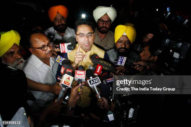 Punjab AAP MLAs addresses media after a meeting with Chief Minister Arvind Kejriwal and Deputy Chief Minister Manish Sisodia at Manish Sisodia House...