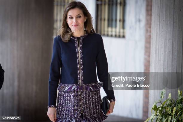 Queen Letizia of Spain arrives at Integra Foundation headquarters on March 20, 2018 in Madrid, Spain.