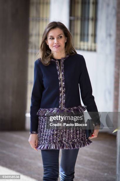 Queen Letizia of Spain arrives at Integra Foundation headquarters on March 20, 2018 in Madrid, Spain.