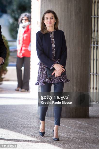 Queen Letizia of Spain arrives at Integra Foundation headquarters on March 20, 2018 in Madrid, Spain.