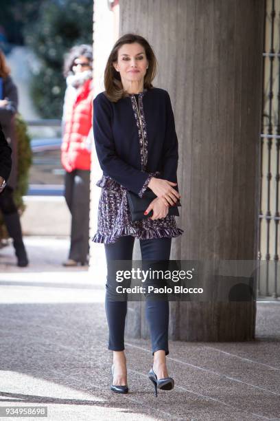 Queen Letizia of Spain arrives at Integra Foundation headquarters on March 20, 2018 in Madrid, Spain.