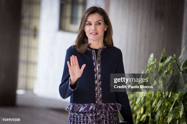 Queen Letizia of Spain arrives at Integra Foundation headquarters on March 20, 2018 in Madrid, Spain.