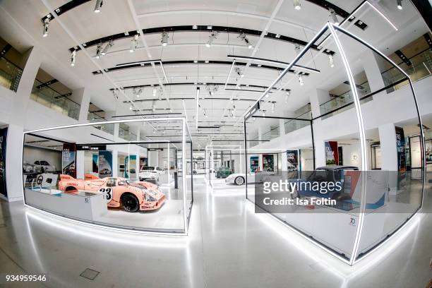 General view of the Porsche exhibition preview of '70 Jahre Faszination Sportwagen' at DRIVE. Volkswagen Group Forum on March 19, 2018 in Berlin,...