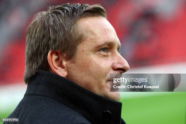 Manager Horst Heldt of Stuttgart is seen prior to during the Bundesliga match between Bayer Leverkusen and VfB Stuttgart at the BayArena on November...