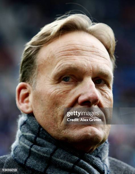 Hans-Joachim Watzke of Dortmund pauses before the Bundesliga match between 1899 Hoffenheim and Borussia Dortmund at the Rhein-Neckar Arena on...