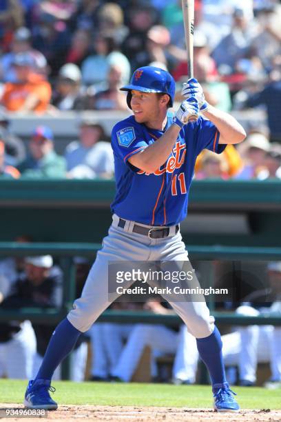 Ty Kelly of the New York Mets bats during the Spring Training game against the Detroit Tigers at Publix Field at Joker Marchant Stadium on March 9,...