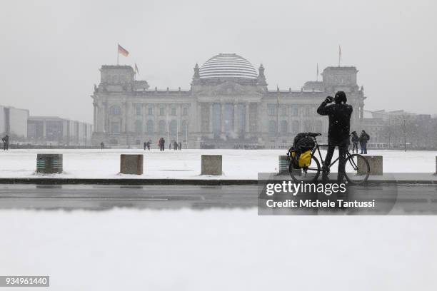 The German Reichstag, site of the Bundestag under a heavy snowfall ahead of the meeting between German Chancellor, Angela Merkel and Irish Prime...