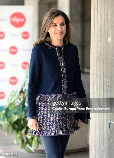 Queen Letizia of Spain arrives to attend a meeting at Integra Foundation Headquarters on March 20, 2018 in Madrid, Spain.