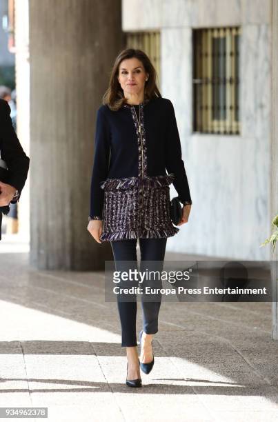 Queen Letizia of Spain arrives to attend a meeting at Integra Foundation Headquarters on March 20, 2018 in Madrid, Spain.