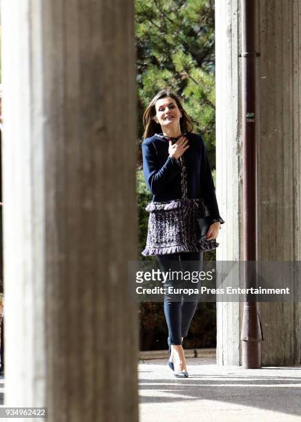 Queen Letizia of Spain arrives to attend a meeting at Integra Foundation Headquarters on March 20, 2018 in Madrid, Spain.