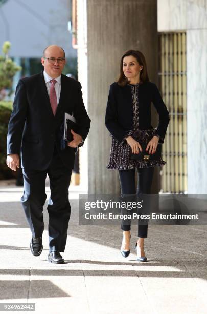 Queen Letizia of Spain arrives to attend a meeting at Integra Foundation Headquarters on March 20, 2018 in Madrid, Spain.