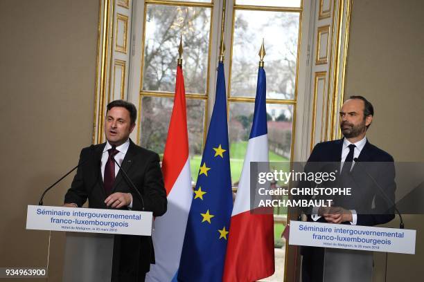 French Prime Minister Edouard Philippe and Luxembourg Prime Minister Xavier Bettel gives a joint press conference at the Hotel de Matignon as part of...