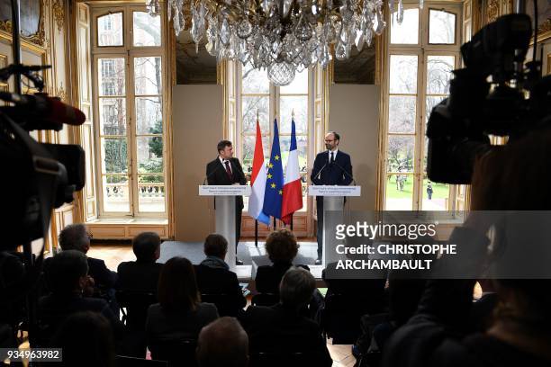 French Prime Minister Edouard Philippe and Luxembourg Prime Minister Xavier Bettel gives a joint press conference at the Hotel de Matignon as part of...