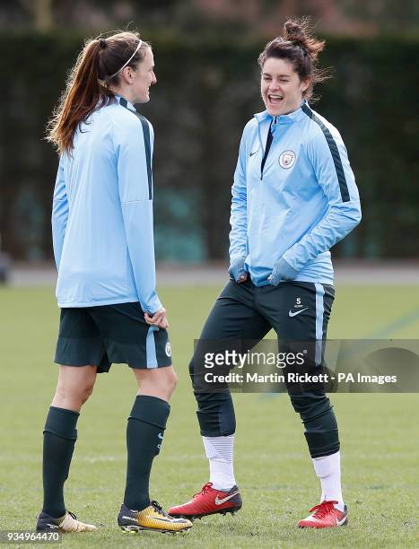 Manchester City's Jill Scott and Jennifer Beattie during a training session at the City Football Academy, Manchester.