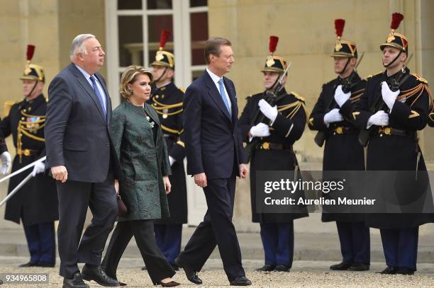 President of the French Senate, Gerard Larcher receives Maria Teresa, Grand Duchess of Luxembourg and Henri, Grand Duke of Luxembourg at the French...