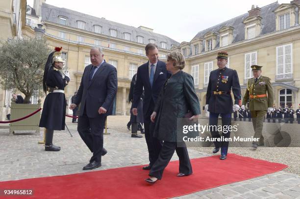 President of the French Senate, Gerard Larcher receives Maria Teresa, Grand Duchess of Luxembourg and Henri, Grand Duke of Luxembourg at the French...