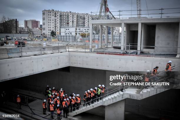 President of the Ile-de-France regional council, Valerie Pecresse visits on March 20, 2018 the construction site of the future terminus of the line 4...