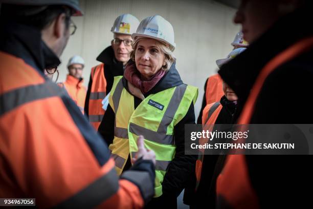 President of the Ile-de-France regional council, Valerie Pecresse visits on March 20, 2018 the construction site of the future terminus of the line 4...