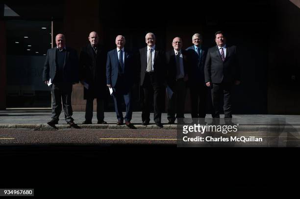 Jim Auld, Patrick McNally, Liam Shannon, Francis McGuigan, Davy Rodgers, Brian Turley and Joe Clarke, known as the 'Hooded Men' make their way from a...