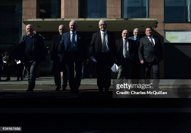Jim Auld, Patrick McNally, Liam Shannon, Francis McGuigan, Davy Rodgers, Brian Turley and Joe Clarke, known as the 'Hooded Men' make their way from a...