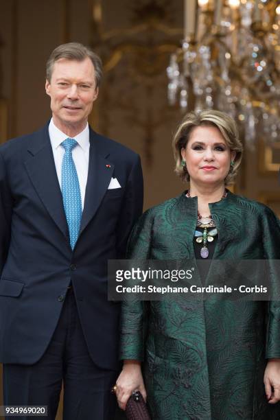 Grand-Duke Henri of Luxembourg and Grand-Duchess Maria Teresa of Luxembourg pose at the Hotel de Matignon on March 20, 2018 in Paris, France. The...