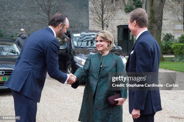 French Prime Minister Edouard Philippe welcomes the Grand-Duke Henri of Luxembourg and Grand-Duchess Maria Teresa of Luxembourg at the Hotel de...