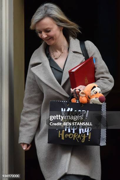 Britain's Chief Secretary to the Treasury Liz Truss leaves from 10 Downing Street in central London on March 20, 2018 after attending the weekly...