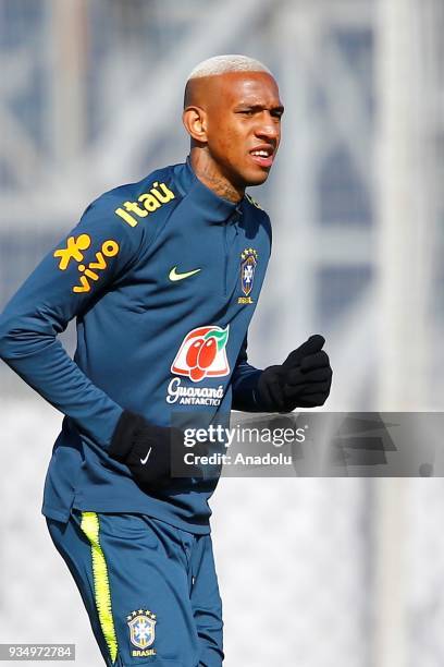 Talisca of Brazil attends a training session ahead of a friendly match between Russia and Brazil within the 2018 FIFA World Cup at Spartak Facilities...