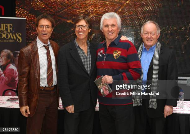 Cliff Richard, Hank Marvin, Bruce Welch and Brian Bennett attend DVD signing at HMV, Oxford Street on November 30, 2009 in London, England.