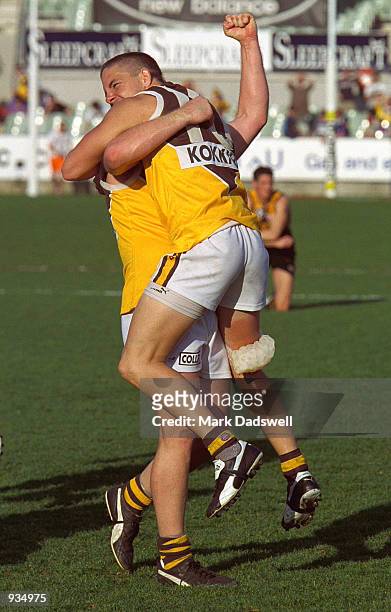 Bill Nicholls and Chance Bateman for Box Hill celebrate their win in the VFL Grand Final match between the Werribee Tigers and the Box Hill Hawks...
