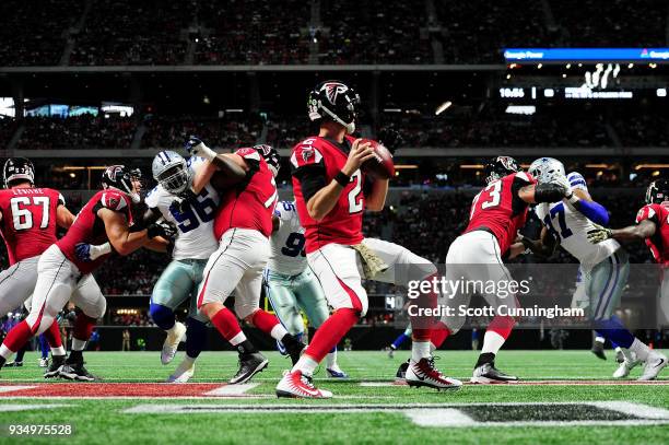 Matt Ryan of the Atlanta Falcons against the Dallas Cowboys at Mercedes-Benz Stadium on November 12, 2017 in Atlanta, Georgia.