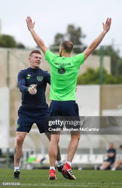 Belek , Turkey - 20 March 2018; James McClean, left, and David Meyler during Republic of Ireland squad training at Regnum Sports Centre in Belek,...