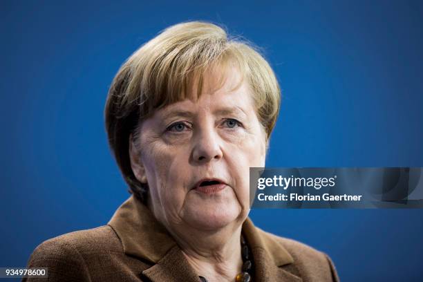 German Chancellor Angela Merkel is pictured during a press conference with Leo Varadkar , Prime Minister of Ireland, on March 20, 2018 in Berlin,...