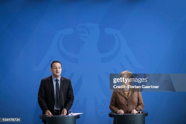 German Chancellor Angela Merkel and Leo Varadkar , Prime Minister of Ireland, are pictured during a press conference on March 20, 2018 in Berlin,...