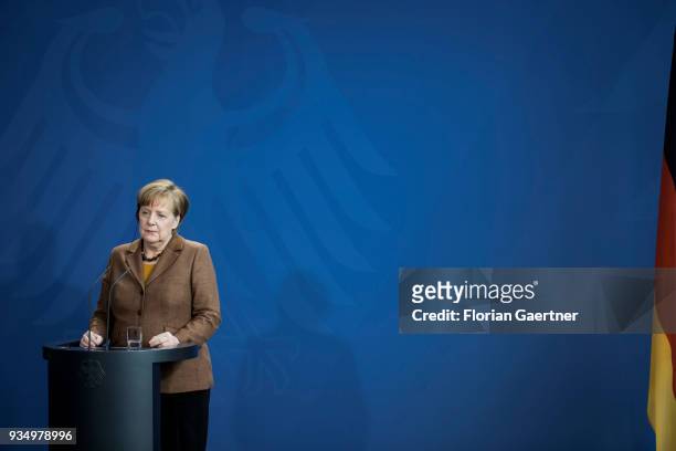 German Chancellor Angela Merkel is pictured during a press conference on March 20, 2018 in Berlin, Germany.